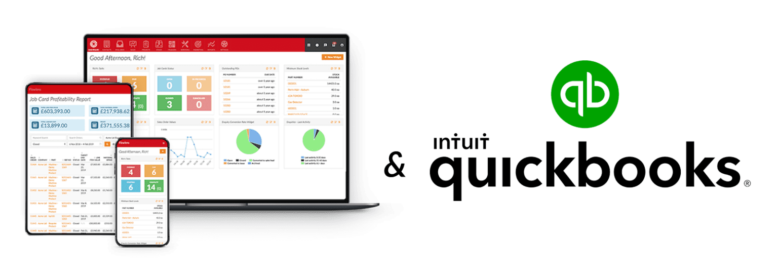 Flowlens ERP / MRP Software Dashboard and QuickBooks logo