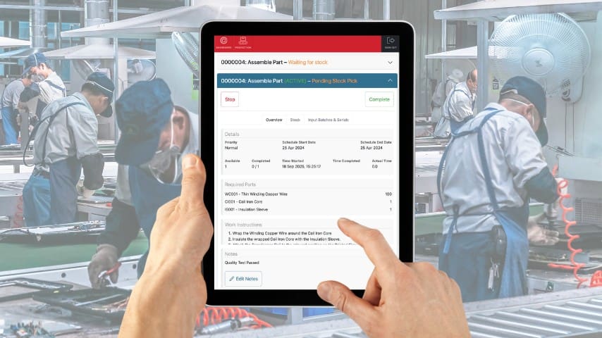 Flowlens Shopfloor app provides latest available tasks to be completed, start / stop time tracking, stock picking, NCR logging, batch and serial assignment and more
